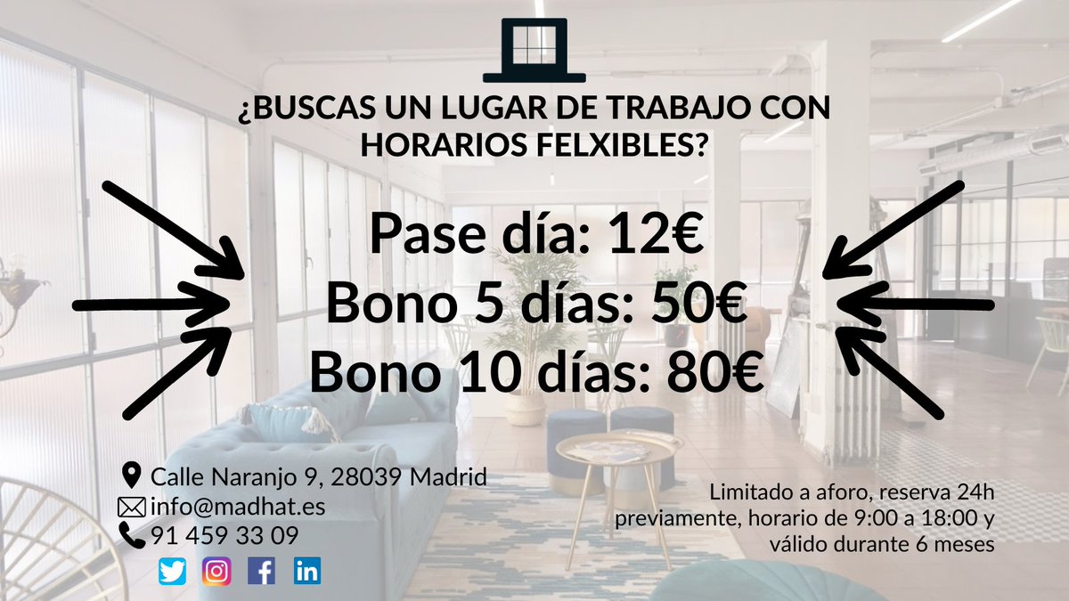 🎩¡Buenos días!

Estamos a martes por MadHat y tenemos cositas entre manos👀
¿Cómo va vuestra semana? ¿Os apetece probar Madhat con nuestros bonos diarios?

#BuenosDias #Coworking #Eventos #Rodajes #Madrid #Teletrabajo #Networking