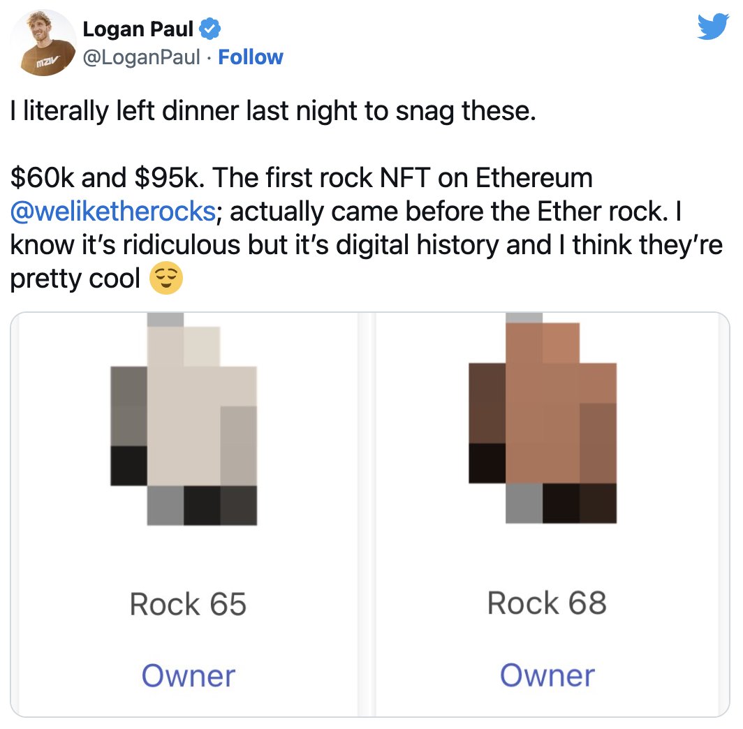 We love .<a href="/ethereum/">Ethereum</a> history &amp; also believe Genesis Rocks are indeed priceless. (Please note that .<a href="/genesisrocks_/">Genesis Rocks</a> had used twitter handle .<a href="/weliketherocks/">GenesisRocks Old acct</a> ) .<a href="/LoganPaul/">Logan Paul</a>  your appetite for rocks over aunties casserole is commendable, enjoy your meal w/ family this season everyone.
