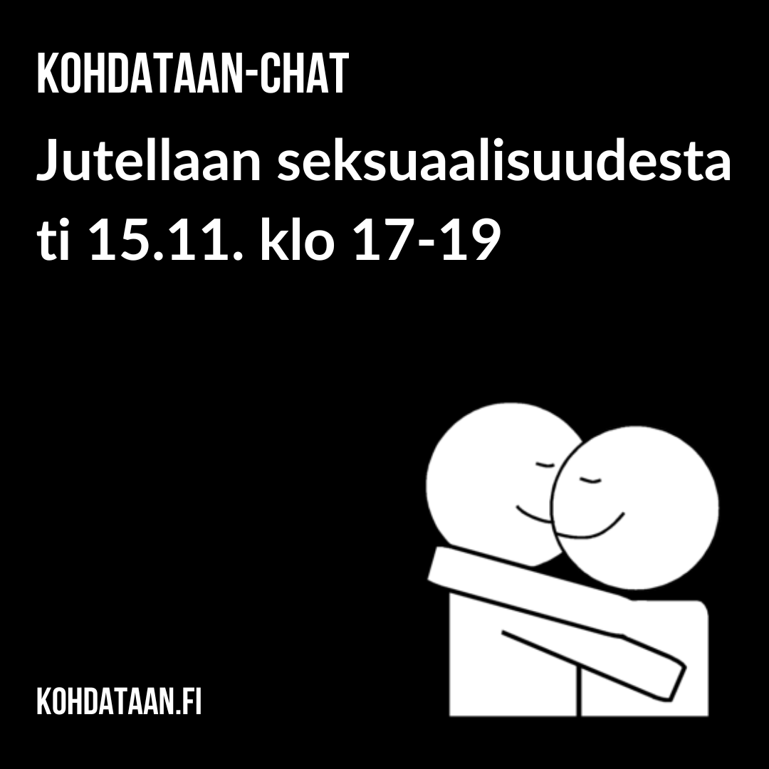 kohdataan's tweet photo. Kohdataan-somessa chattaillaan tänään klo 17-19 seksistä ja seksuaalisuudesta! 😊👉 https://t.co/ZEb0JYI1P9 #kohdataan #kohdataansome #kohdataanchat #seksi #seksuaalisuus #verneri @KVLiitto https://t.co/G0xmgFuZHt