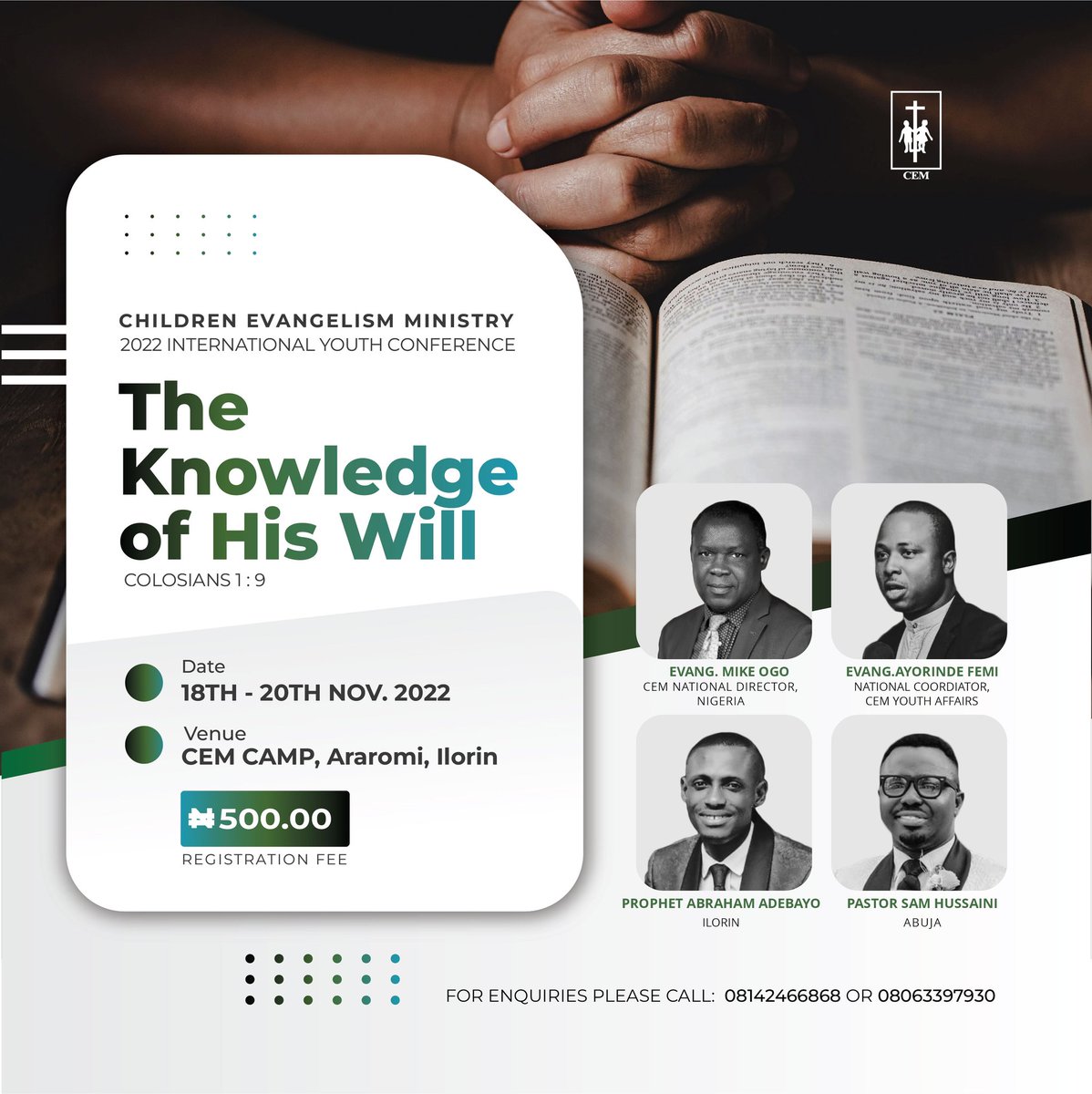 UncleAssurance's tweet photo. Plan, Prepare and Pray to be part of this conference this weekend......
Keep retweeting this message so that someone will tell someone so that someone will know
#cemnationalyouthconference2022
#cemyouth
#cem https://t.co/Fr2zJZRZdx