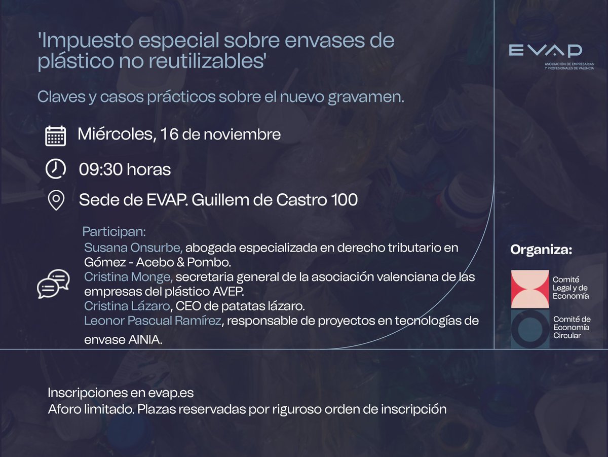 📌Sesión informativa sobre el nuevo impuesto a envases de plástico no reutilizables. 
👉Mañana miércoles
⌚️09:30 horas
📍En la sede de EVAP
🔗Todavía puedes inscribirte
forms.gle/1sUhr7b8QrXi89…