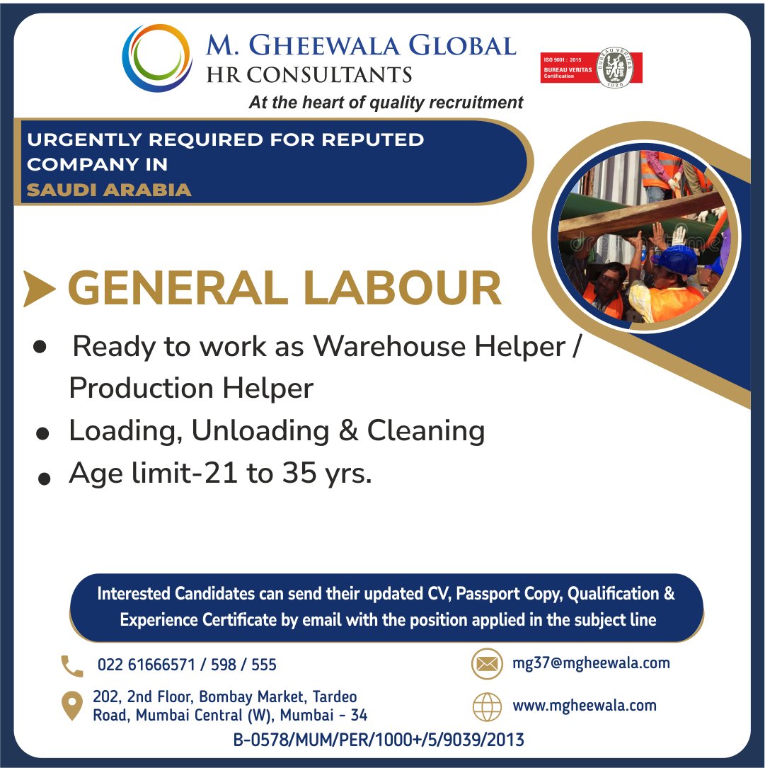 mgheewala_hrc's tweet photo. Job Vacancies for #Saudiarabia
Interested Candidates can send the updated resume to mg37@mgheewala.com
Learn More https://t.co/Ps4bxv2mB1
#labour #generallabour #labourjob #warehouse #warehousejob #warehousehelper #productionhelper #cleaning #unloading #jobsinsaudi #saudijobs https://t.co/QbvorsKy3Q