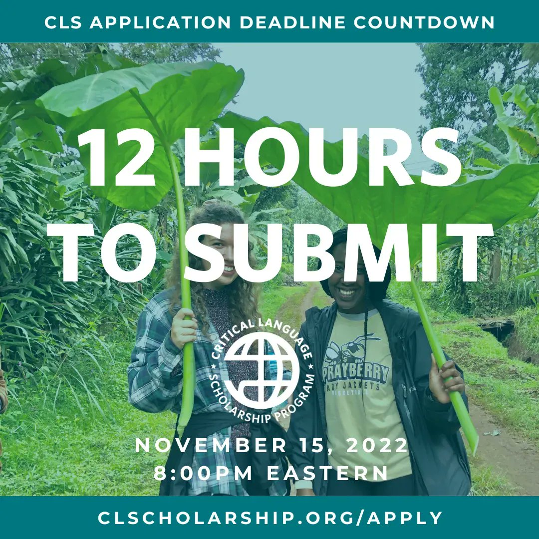 Just 12 hours to go!! The deadline is TODAY at 8 PM ET/ 5 PM PT.  You are almost at the finish line. Submit as soon as possible and celebrate your accomplishment. <a href="/ECAatState/">Educational & Cultural Affairs—U.S. Dept. of State</a> #SayYestoCLS #IHitSubmit