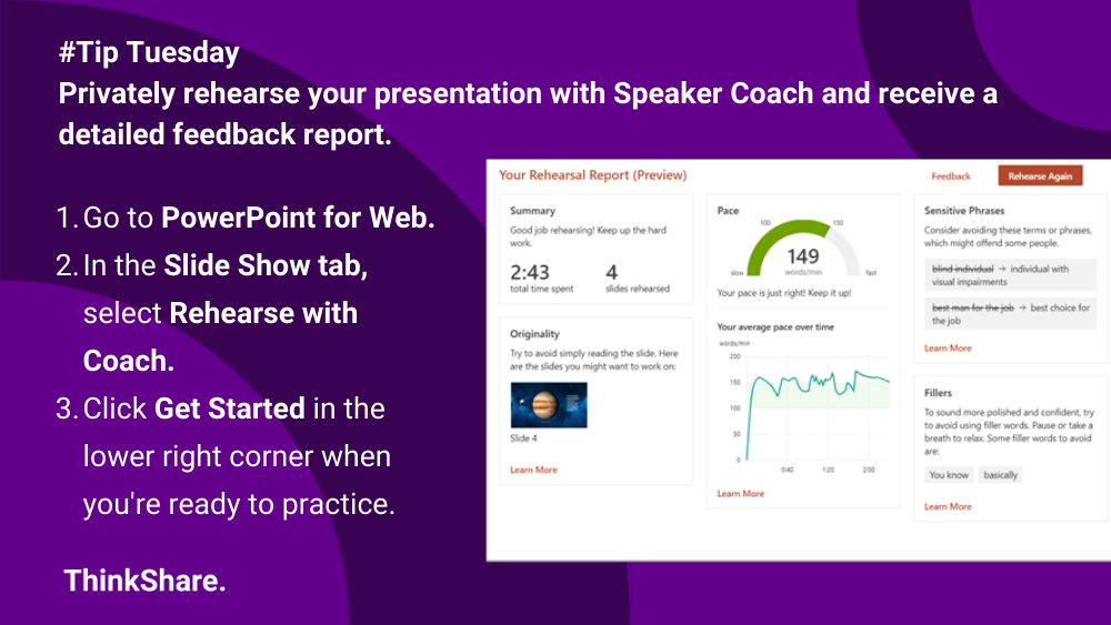 #TipTuesday 
Enhance your presentation skills with real-time insights from Speaker Coach.

Receive recommendations for pitch, pace, filler words, originality, and culturally sensitive language. 

How to below and more useful #Microsoft365 updates here:  bit.ly/3NFsbBT