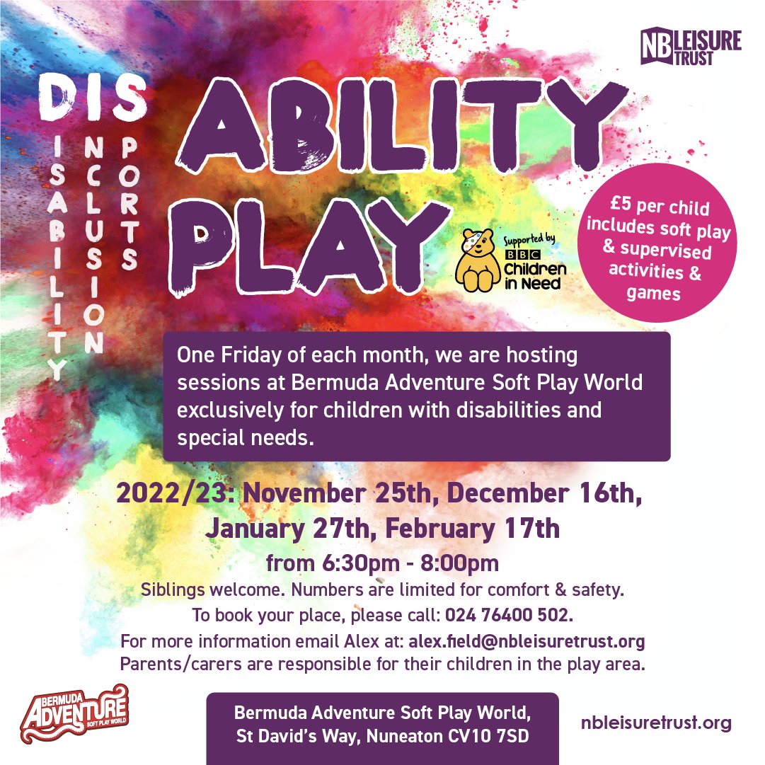 NBYCST's tweet photo. 😀Book our next Soft Play Disability session. Exclusively for children with disabilities or special needs and their siblings.

Friday November 25th 2022

Bermuda Adventure Soft Play 

6:30 - 8:00pm

Up to 18 years

£5.00 per child

Call to book: 02476 400 502

#nblt #baspw #ycst https://t.co/AYGltnffNb