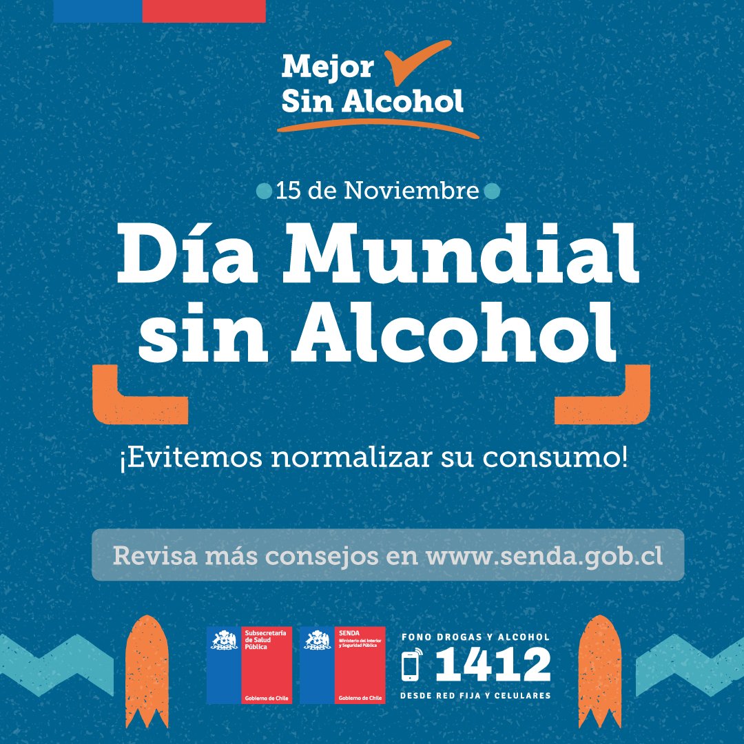 🤔¿Sabías que 1 de 2 personas se emborrachó el último mes? ¿O que el alcohol está asociado a más de 200 enfermedades? 🥤En el #DíaMundialSinAlcohol, te contaremos cómo evitar los riesgos en senda.gob.cl. Siempre es #MejorsinAlcohol