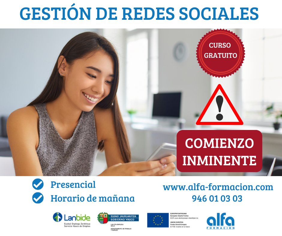 💡Nuevo #curso sobre uso de #redesociales       
🟢Contenido enfocado a encontrar #empleo

✅ 100% subvencionado
✅ #Presencial en #Galdakao
✅ 40 horas
✅ Dirigido a #mujeres en desempleo

Más en: alfa-formacion.com

<a href="/lanbideejgv/">Lanbide</a> #AlfaFormaciónGaldakao #AlfaFormaciónBilbao