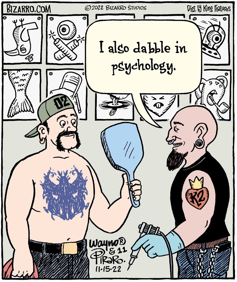 Waynocartoons's tweet photo. Dual Career Path
#comics #bizarro #tattoo #Psychology #rohrschach #ink #inkblots https://t.co/Yh5vJaJjCu