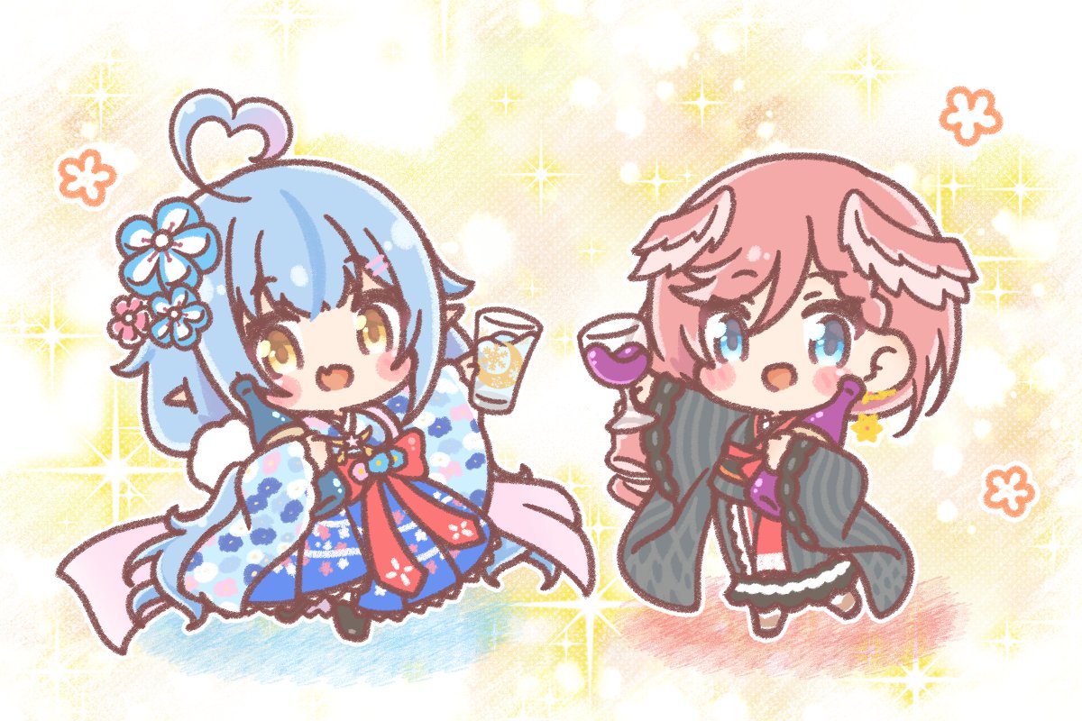 takane lui ,yukihana lamy multiple girls 2girls pink hair cup japanese clothes head wings blue hair  illustration images