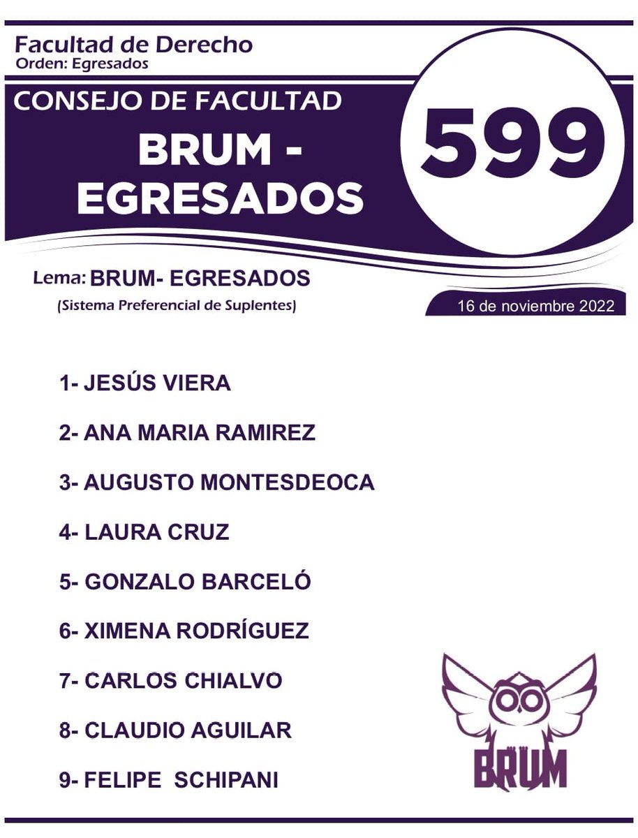 BrumEgresados's tweet photo. 🗳 Mañana miércoles son las Elecciones Universitarias en la @Udelaruy  
Los Egresados de Derecho votamos @BrumEgresados con la lista 599. https://t.co/FMVxHH9FNA