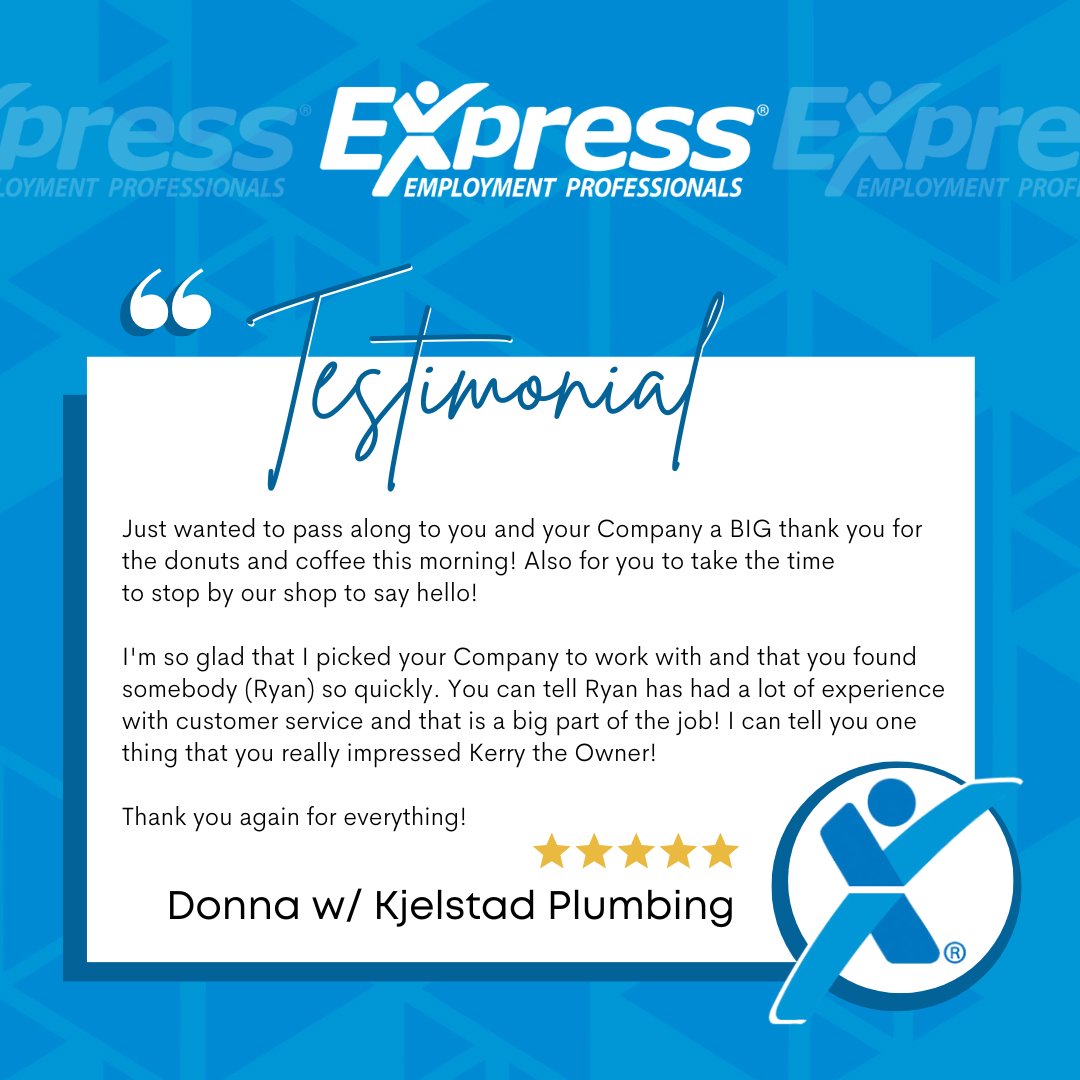 It's #TestimonialTuesday! 💙😃
Thank you Donna!

#ExpressPros | #LoveOurClients