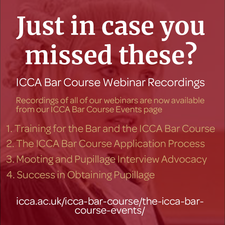 From Advocacy and Pupillage Success, to training for the Bar with the ICCA, our series of webinars are full of useful hints and tips. If you missed out, you can access all the recordings here: icca.ac.uk/icca-bar-cours…

#ForFutureBarristers