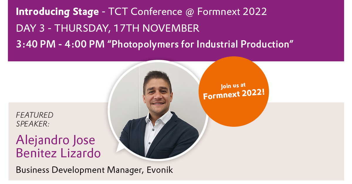 Want to find out more about #Photopolymers for #IndustrialProduction? Join Evonik’s, Alejandro Jose Benitez Lizardo, today as he presents “Photopolymers for Industrial Production” at #FORMNEXT2022 @ 3:40 PM. #Evonik #FORMNEXT #Photopolymers ow.ly/MmB350LBwGb