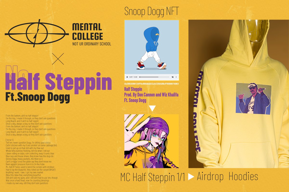 MentalCollegeXX's tweet photo. 👁 Thanks to @SnoopDogg for turning this song into an NFT, and now we have made it into a 1/1 and hoodie airdrop! Are you excited for this drop? Be ready, tomorrow begins your chance to acquire this exclusive item. Start playing your favorite Hip-hop tracks now! https://t.co/fQ6P6z5NKJ