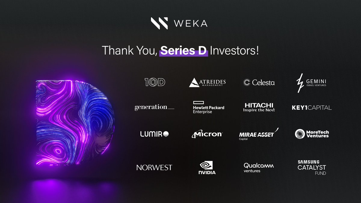 weka's tweet photo. #ICYMI We announced our $135M Series D funding round today: https://t.co/Dqvi7bzYA7
 
#TeamPurple could not be more grateful to these 16 world-class investors for their support. Together, we will do great things.

The future is bright – we can’t wait to #PaintItPurple. #WEKAwins https://t.co/nARE6Ph2zA