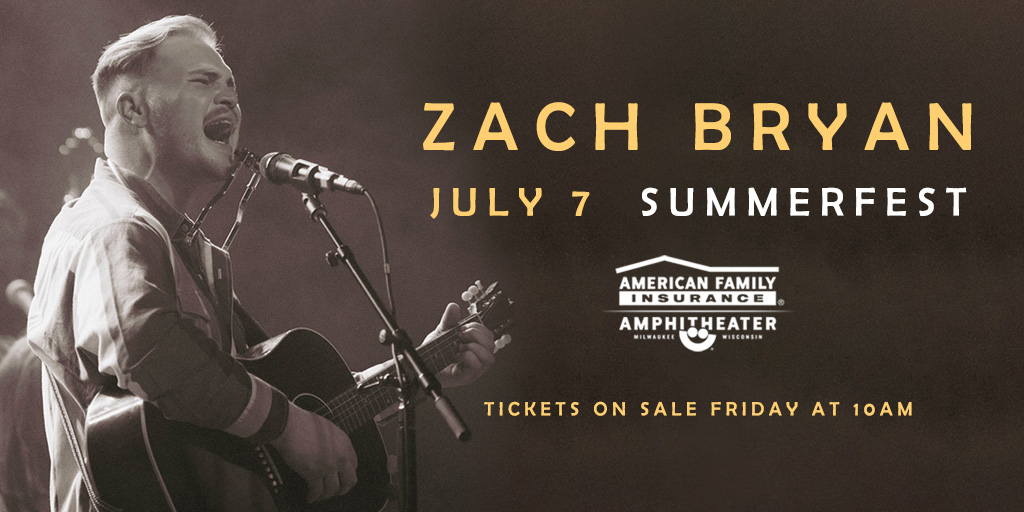 You love him &amp; we do too. So, we had to bring <a href="/zachlanebryan/">Zach Bryan</a> back to Summerfest 🧡 Catch him at the <a href="/AmFamAmp/">American Family Insurance Amphitheater</a> on Friday, July 7!

Tickets on sale this Friday, Nov. 18 at 10am 👉 ticketmaster.com/event/07005D6E…