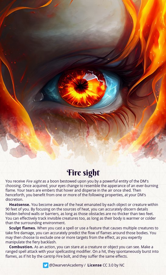 DwarvenAcademy's tweet photo. This is the second of four eye-themed abilities I am home-brewing for a future campaign. Fire sight grants you mastery over heat and flames.
#dnd #dnd5e #homebrew #ttrpgfamily #aiart https://t.co/5f9tbtYzsO