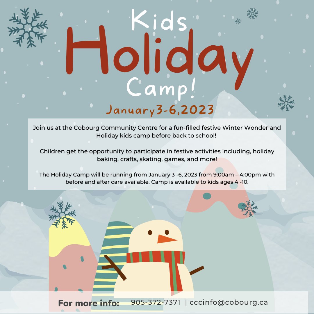 The holidays are quickly approaching! 😁🥰 
Register your child in our Kids Holiday Camp running January 3-6, 2023 to ensure they have something fun and festive to do during the break! 
💻cobourg.ca/.../recreation…
☎️905-372-7371