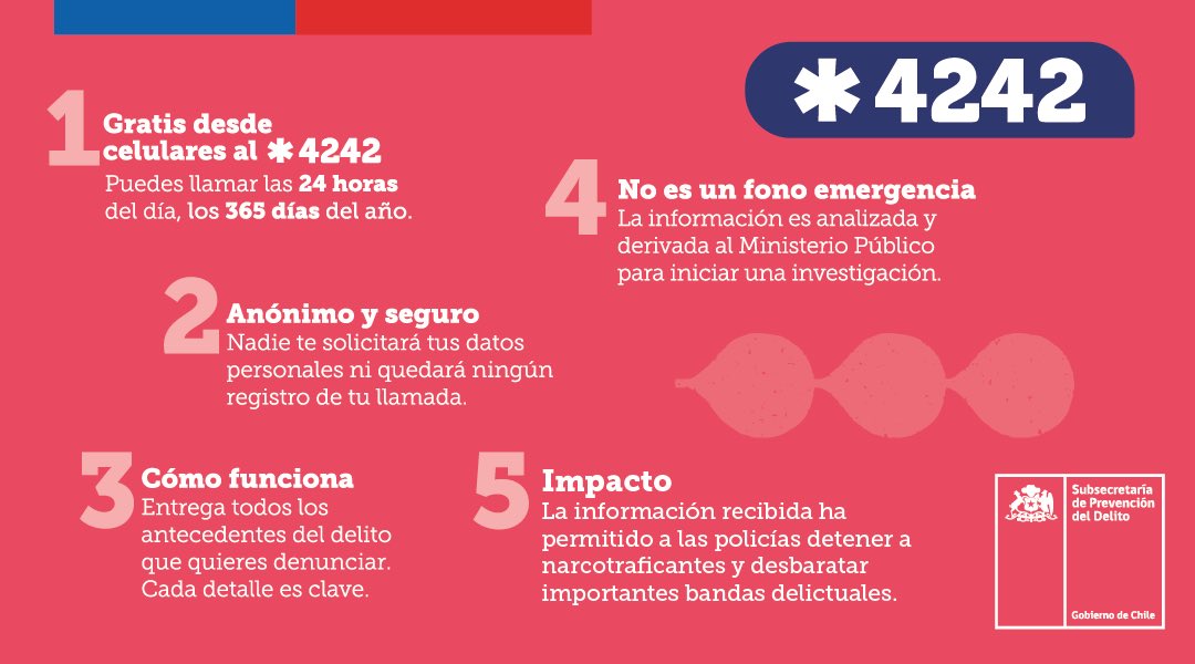 📲¡#DenunciaSeguro tiene nuevo número!
Desde celulares, marca *4242
Tu llamada es 100% anónima, gratuita y segura 
Puedes denunciar durante las 24 horas del día, los 365 días del año
🖱️Recuerda que también puedes hacerlo de manera anónima a través de denunciaseguro.cl