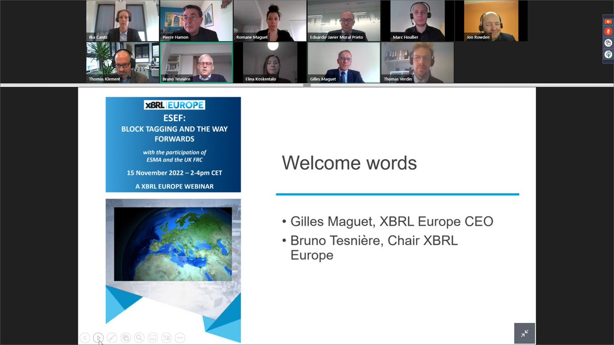 A webinar XBRL Europe: #ESEF: Block tagging and the way forwards 
Welcome by Bruno Tesnière, Chair XBRL Europe and Gilles Maguet, CEO XBRL Europe.
xbrleurope.org/?p=5945