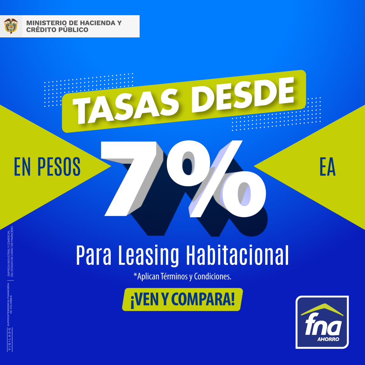 FNAahorro's tweet photo. Ser dueño de tu propia vivienda o incrementar tu patrimonio ya no es un sueño.
Te invitamos a conocer las excelentes tasas que tenemos para ti, van desde 7% EA en pesos para Leasing Habitacional.
Más información: https://t.co/iKguVxHHnn
#VenYCompara https://t.co/60GiLJ5orS