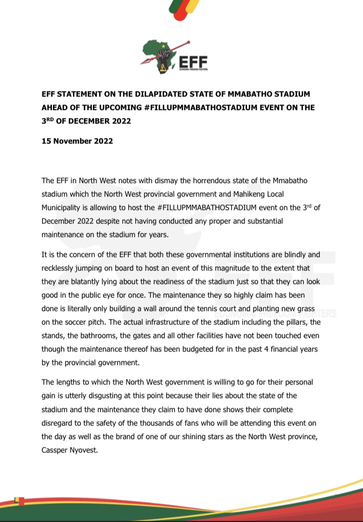EffNorthwest's tweet photo. EFF STATEMENT ON THE DILAPIDATED STATE OF MMABATHO STADIUM AHEAD OF THE UPCOMING #FILLUPMMABATHOSTADIUM EVENT ON THE 3RD OF DECEMBER 2022

@EFFSouthAfrica @KBabuile @ShakesBotswe1 @HhMkhaliphi @JusticeDabampe @CalvinMoema https://t.co/H6QZ0LylBs