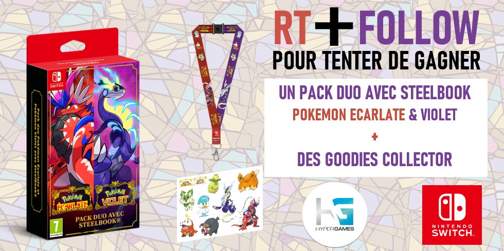 #Concours 🔥

À l’occasion de la sortie de #PokemonEcarlateViolet, tentez de gagner 1 duo pack + des goodies collector ! 
1 gagnant pack duo 🎁
10 gagnants goodies 🎁

Pour participer :
➡ Follow <a href="/HypergamesA/">Hypergames Auchan</a>

➡ RT le tweet

TAS le 22/11
👉bit.ly/3AfZndN