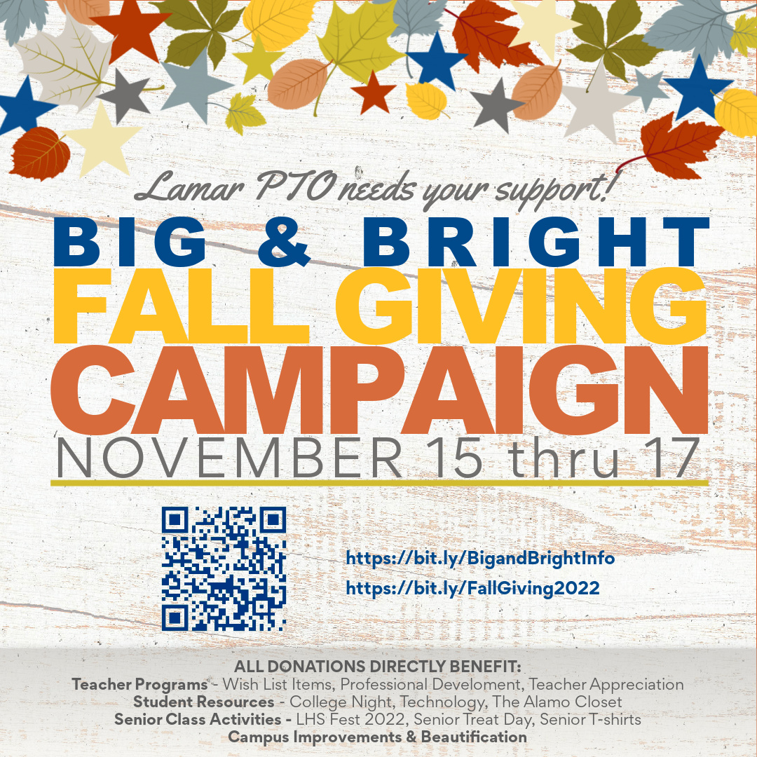 LAMAR TEXANS, Let's do this! Day 1 of the Big &amp; Bright Fall Giving Campaign - Let's see how much we can raise in one day - every $ helps! #lhspto #giving #lhsgiving #lamartexans #lamarhsparentsrock bit.ly/BandBFALLGiving