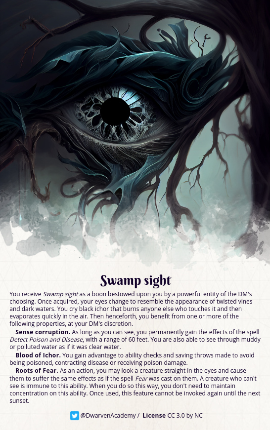 DwarvenAcademy's tweet photo. This is the third of four eye-themed abilities I am home-brewing for a future campaign. Swamp sight grants you mastery over anything foul and corrupted.
#dnd #dnd5e #homebrew #ttrpgfamily #aiart https://t.co/LiHZXq7WEP