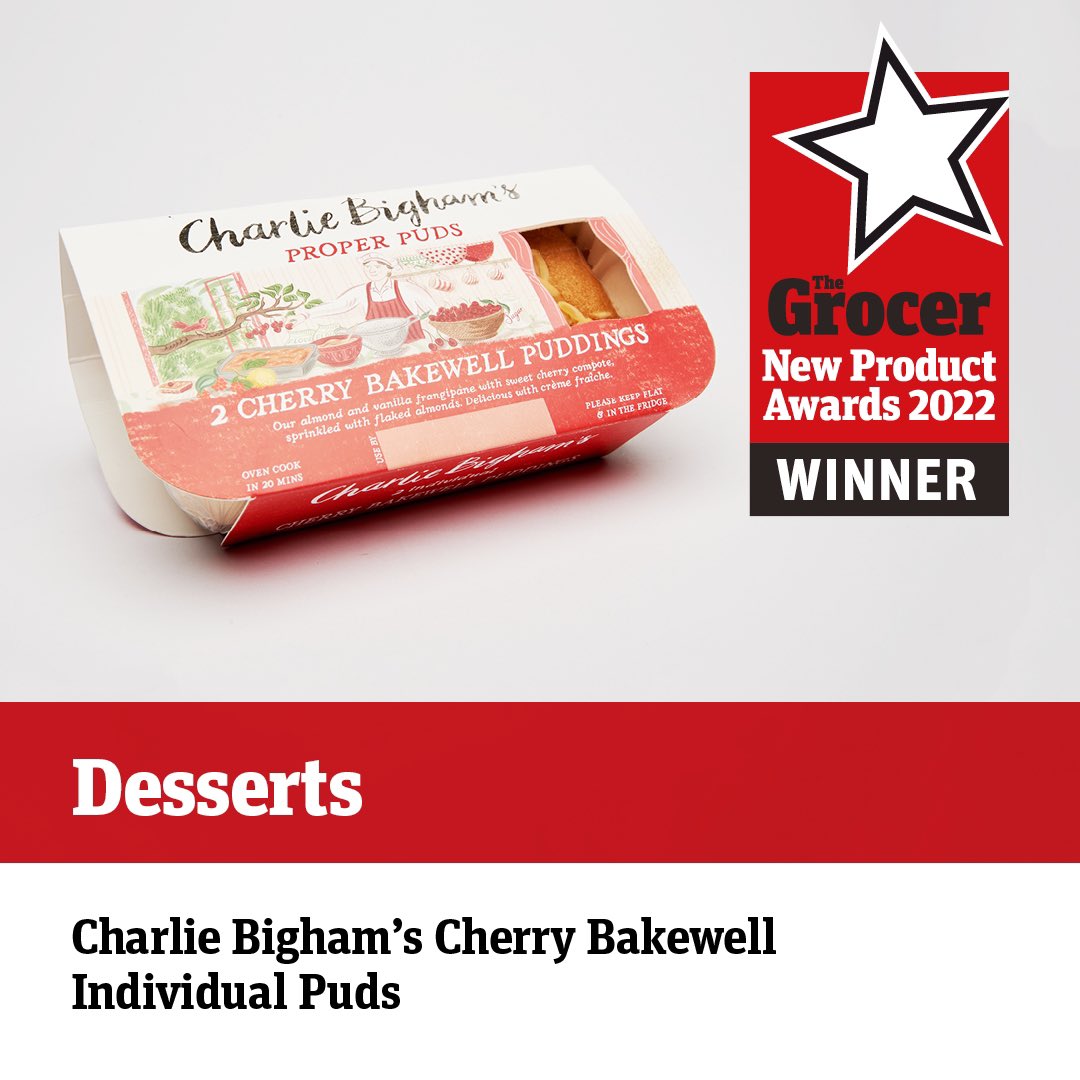 The #NewProductAwards winner for Desserts is: Charlie Bigham’s Cherry Bakewell Proper Puds Congratulations @charliebighams 🎖️