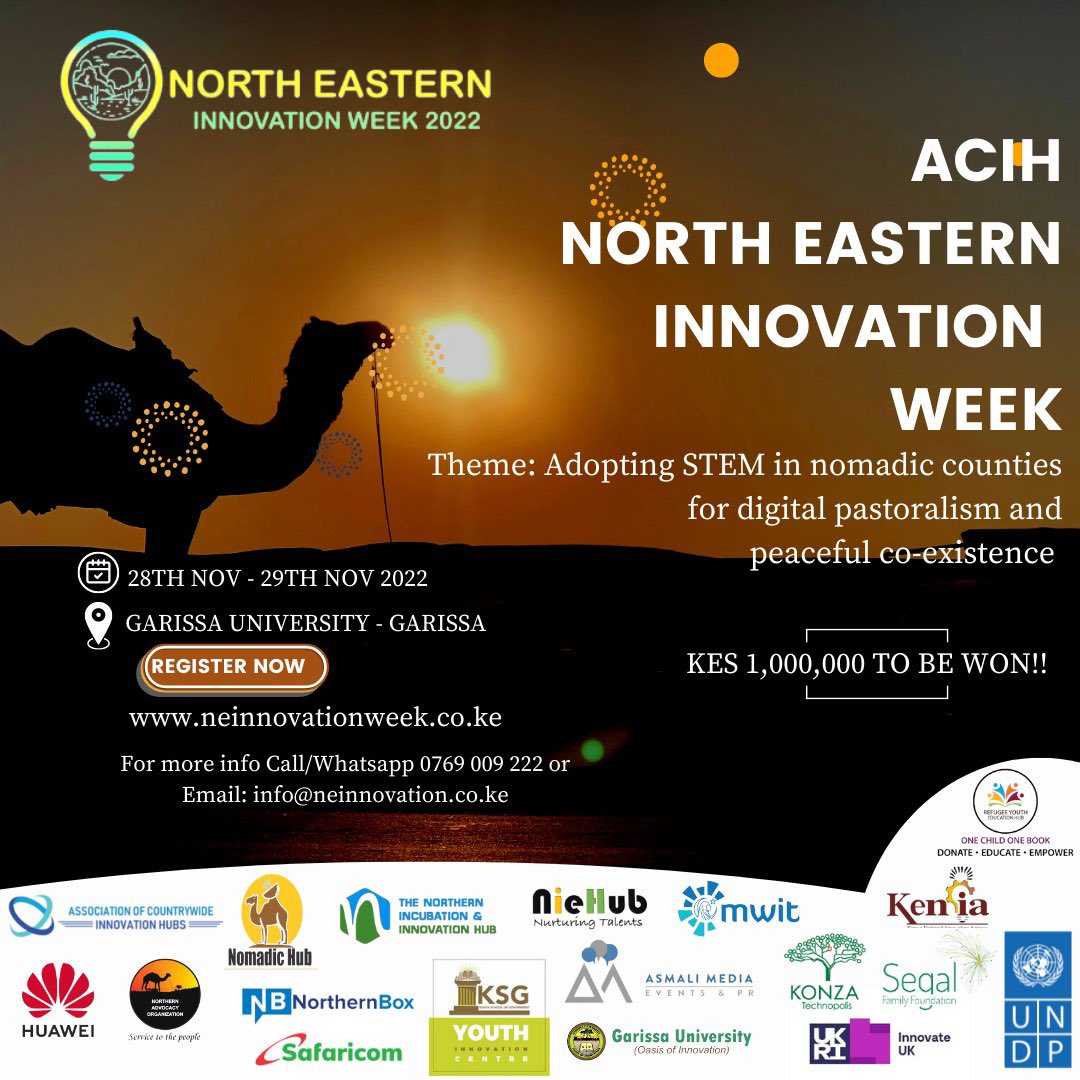 We are delighted to take part in the first ever North Eastern Innovation week due to be held on the 28th and 29th of November 2022 at Garissa University. You can apply through neinnovationweek.co.ke #NEinnovationWeek2022 <a href="/CountrywideHubs/">Association of Countrywide Innovation Hubs</a> <a href="/Counsel_Nassir/">Abdinasir Adan</a> <a href="/abdinoormahdi/">Abdinoor Alimahdi</a> <a href="/Asmali77/">Ahmed Mohamed ((ASMALi))</a>