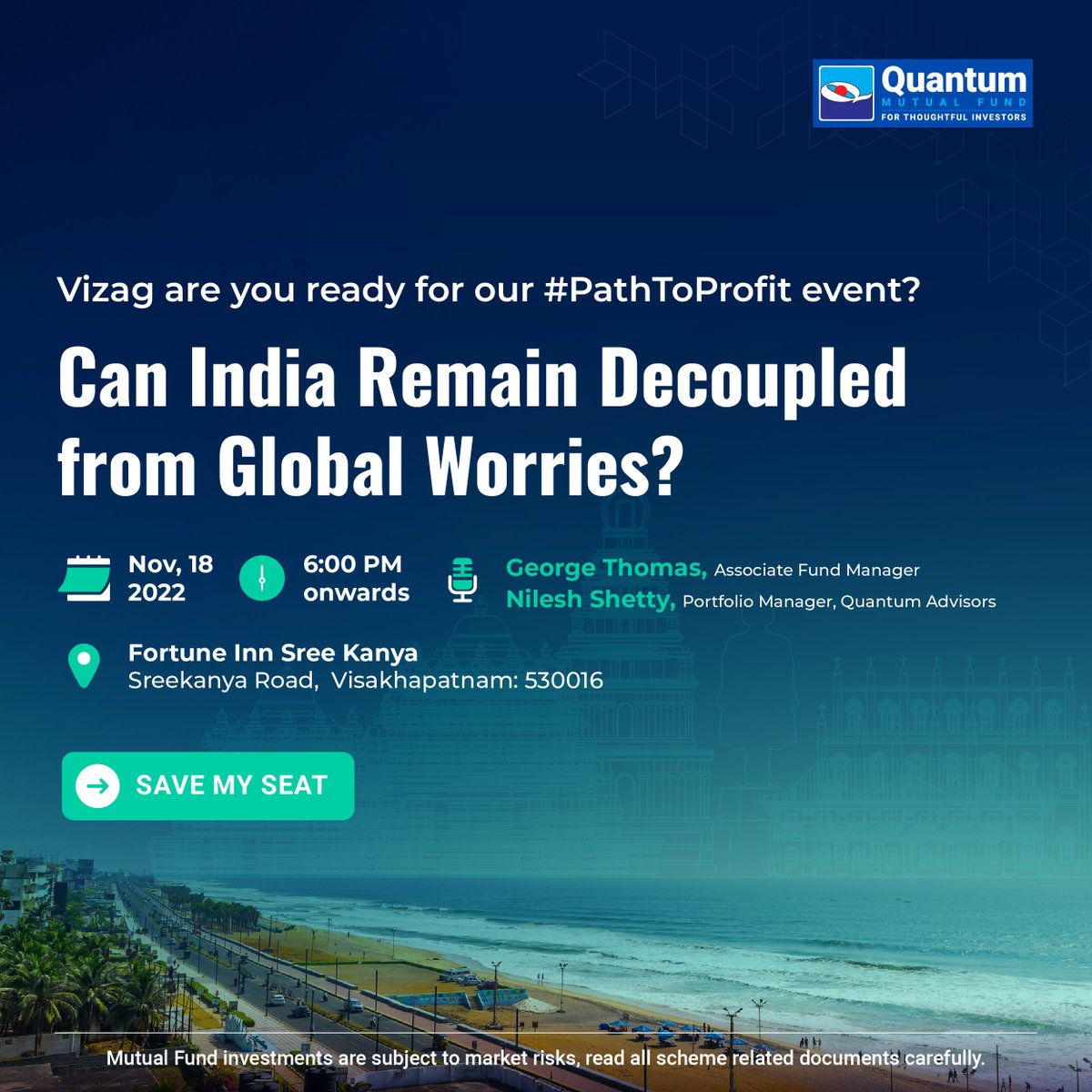 Quantum_MF's tweet photo. Namaskaram #Vizag! We're ready to host #Pathtoprofit in your city, are you??
Get candid & be a part of this interactive event where our experts will share key #insights about India‘s #economic strength, #market trends, etc.
Let’s meet > https://t.co/rs9T1aIpSJ https://t.co/p89WueulFW