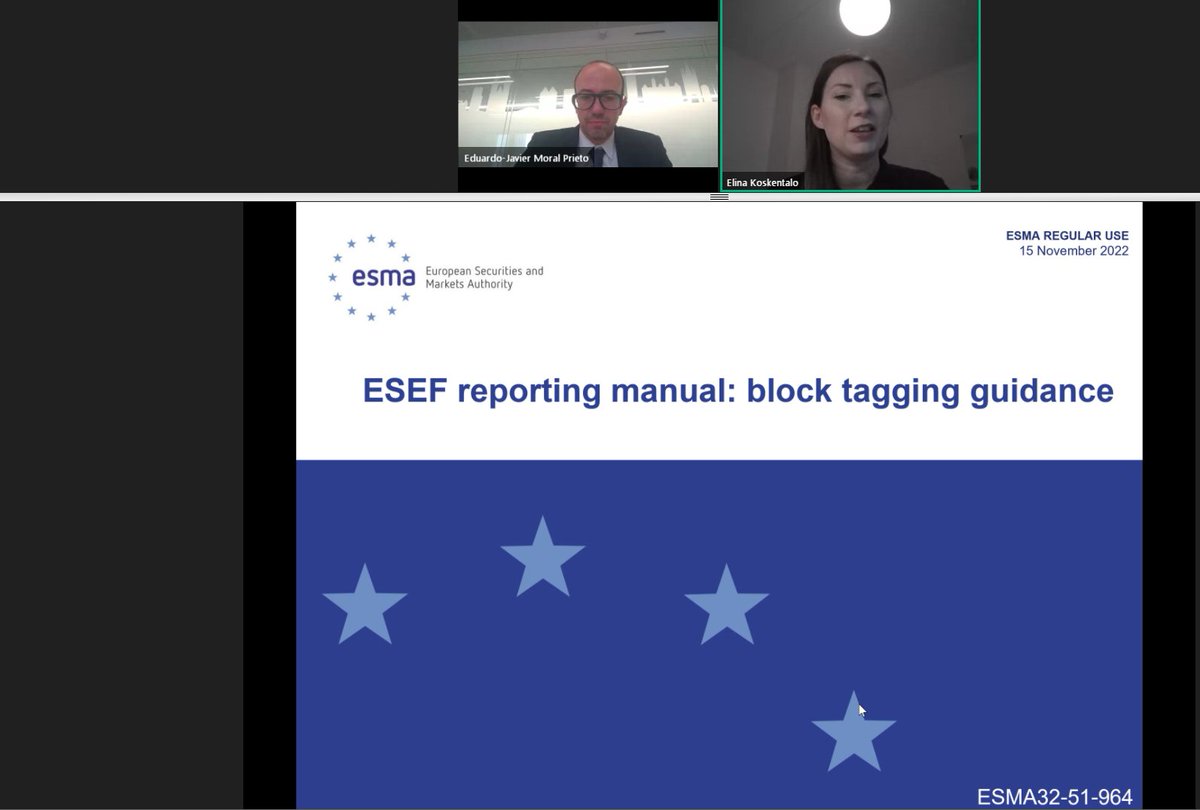 A webinar XBRL Europe: #ESEF: Block tagging and the way forwards 

Block tagging and manual updates – Introduction by Elina Koskentalo, Chair of XBRL Finland and Vice Chair of XBRL Europe ; Speaker: Eduardo-Javio Moral Prieto, Policy officer, ESMA.
xbrleurope.org/?p=5945