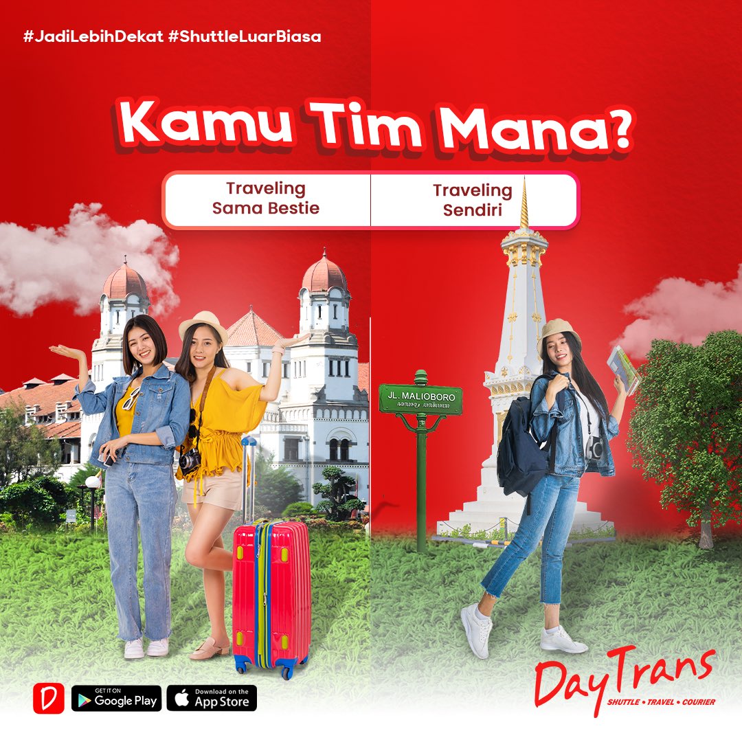DayTrans (@daytransid) on Twitter photo DT'ers biasanya kalau pergi liburan lebih senang sendiri atau bareng sama bestie nih???
Mau sama siapapun liburannya tetap nih kendaraannya harus naik DayTrans shuttle! DT'ers biasanya kalau pergi liburan lebih senang sendiri atau bareng sama bestie nih???
Mau sama siapapun liburannya tetap nih kendaraannya harus naik DayTrans shuttle!