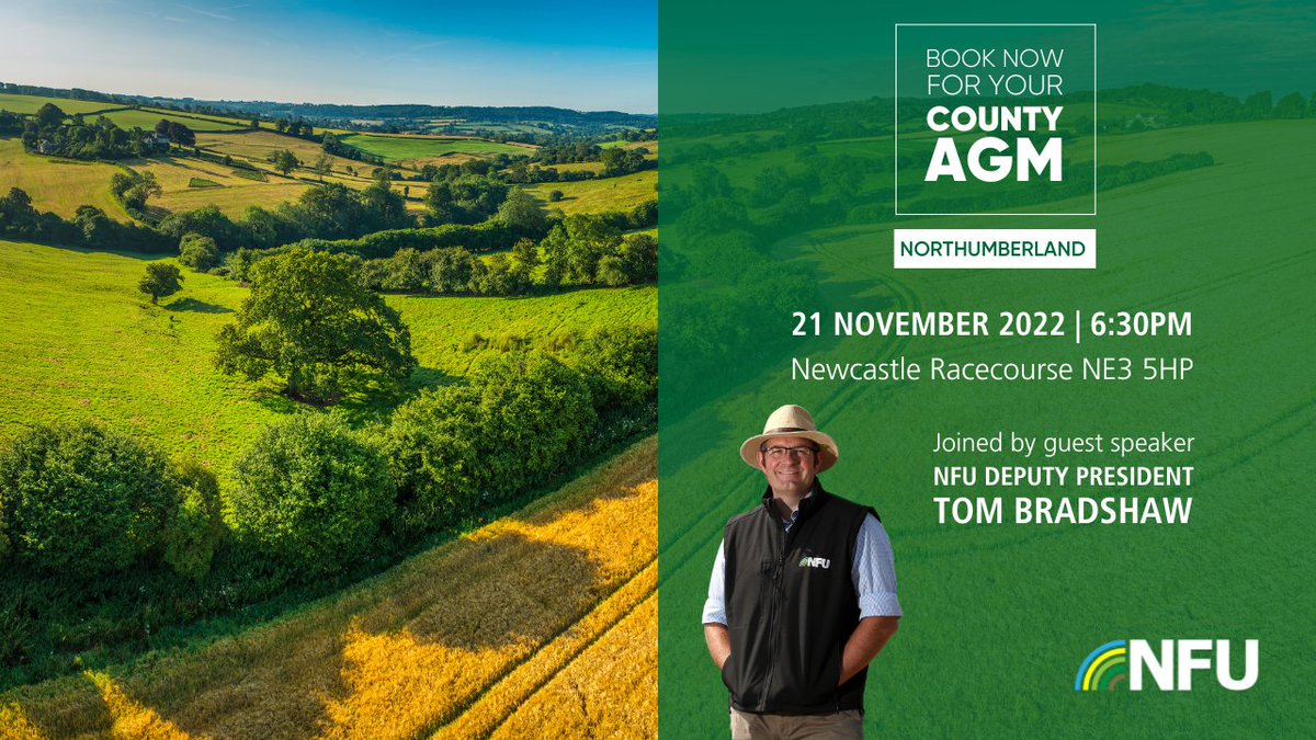 Come along to the Northumberland AGM where we will be joined by NFU Deputy President @ProagriLtd and a complimentary 2 course supper. We look forward to seeing you all, so please do book your place by following the link 👉️ nfuonline.com/.../book-now-f…