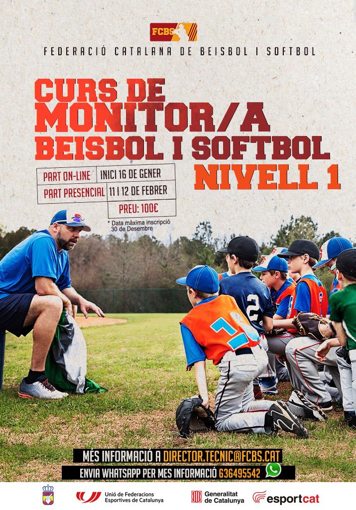 🥎 CURS MONITOR/A BEISBOL I SOFTBOL 2023 ⚾️

🖥 Inici 16 de Gener (Online)
📅 11 i 12 de Febrer (Presencial)

Preu: 100€

Inscripcions: forms.gle/KYfWKWNhM1LmZm…

(Data màxima inscripció 30 de Desembre)

Més info a: fcbs.cat/wp/curs-monito…