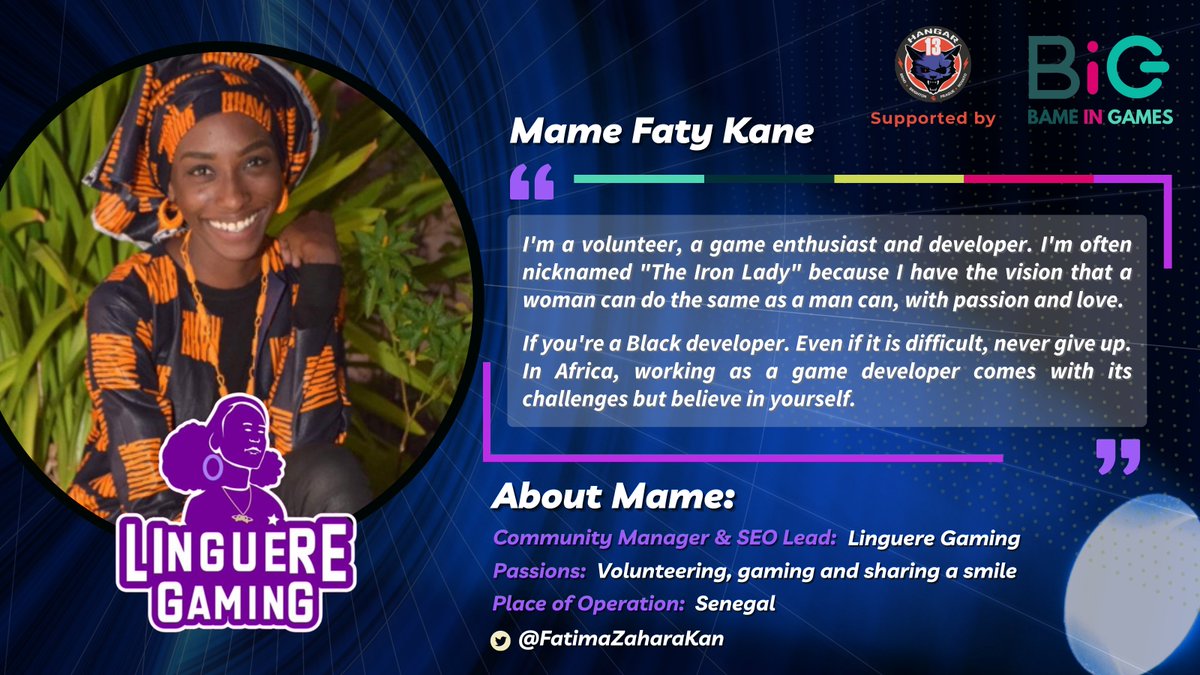 <a href="/ndanudraws/">poppihin I THE EBONY WITCH</a> <a href="/madibaOlivier/">Madiba Olivier</a> @wendiartit <a href="/lexyhugo/">Hugo Obi</a> <a href="/DawitAbrahamMB/">Dawit Abraham</a> <a href="/eyramtawia/">Eyram Tawia</a> <a href="/cryptcrx/">Bukola Akingbade</a> <a href="/Imjohanariquier/">Johana Riquier</a> <a href="/_LadySith/">Sithe Ncube</a> <a href="/JustLimpho/">Limpho Moeti</a> <a href="/BlckPorcelain/">Gorjas Mohale</a> <a href="/DominicShaw94/">Dom Shaw (He/Him)</a> <a href="/geekybaking/">Cinzia Musio 🇵🇸</a> <a href="/melaningamers/">Melanin Gamers</a> <a href="/RogueBx/">Rebecca Sampson</a> <a href="/kish_hirani/">Kish Hirani</a> <a href="/Hangar13Games/">Hangar 13</a> <a href="/KIROOGames/">KIRO'O Games Studio</a> @AurionUniverse <a href="/GamesIndAfrica/">Games Industry Africa</a> <a href="/Gamerging101/">Gamerging Solutions</a> <a href="/AddisAbabaUnive/">AAU</a> <a href="/QeneGames/">Qene Games</a> <a href="/KuchezaGaming/">KuchezaGaming</a> <a href="/letiarts/">Leti Arts</a> <a href="/AfricasLegends/">Africa's Legends</a> <a href="/nyamakop/">Relooted by Nyamakop</a> @maliyoapp <a href="/Elen_Cholwe/">GEM| Elen_Cho</a> <a href="/TeamGematrix/">Team Gematrix</a> We're back with #GameDevsAcrossAfrica🖤 Supported by <a href="/Hangar13Games/">Hangar 13</a>! 🎮

We spoke with <a href="/FatimaZaharaKan/">Iron Lady Fatima</a> who shared her journey as a #GameDev in Senegal's growing Games Industry 🇸🇳

Please take a moment to read her story &amp; consider following some of Senegal's Game Industry talent: