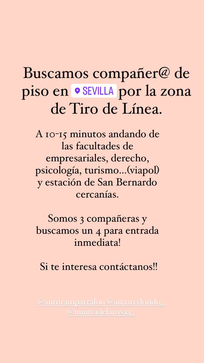Buscamos compañer@ de piso en Sevilla por la zona de Tiro de Línea para entrada inmediata.

 Si te interesa contáctanos!! #queydondeestudiar22 #sevilla #us #pisosUS #pisosus  #pisosevilla 
<a href="/Auroramparralo/">Aurora</a> 
@anaaaredondoo
<a href="/nuuriadelarosa/">Nuuri</a>