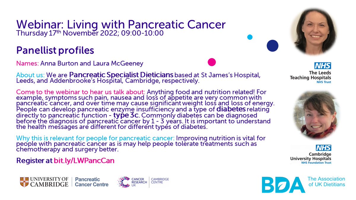 CRUKCamPancCan's tweet photo. Register now for our #webinar: Living with #PancreaticCancer
👉 https://t.co/KvsxOmQZ8j
📅 Thu 17Nov
⏰ 09:00 GMT
2 of 11 expert panellists, @annaburton100 and
@LauraMcGeeney will be joining us to give us insights into diet, nutrition & #type3c #diabetes 👇
#WPCD #PCAM
Pls RT 🥰 https://t.co/E4opIpdE40