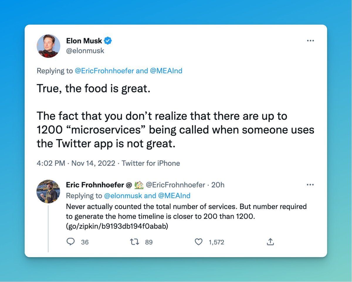 itzysabo's tweet photo. 1200 microservices just to render the Twitter timeline. Or is it "just" 200?

Microservices are a double-edged sword. 

Like everything else in engineering, they are a trade-off.

If anyone can decide on a whim to create a new microservice, you’re doing it wrong. https://t.co/SAtiD2j33V