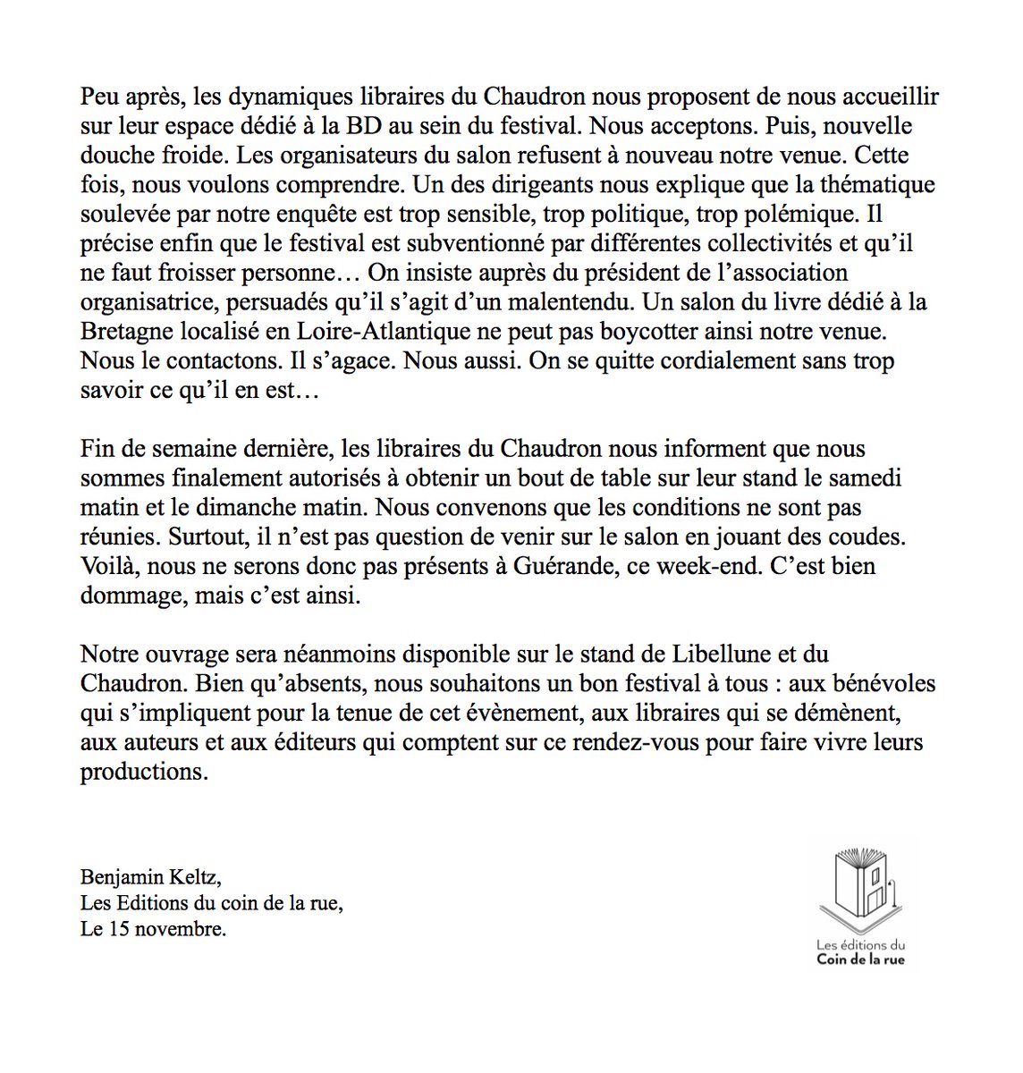 Ed_duCoinDelaRu's tweet photo. Nous comptions défendre "La Frontière bretonne" au Salon du livre en Bretagne de Guérande ce week-end. Ça sera sans nous. L'organisation du festival ne souhaite pas accueillir les auteurs de cet ouvrage qui traite d'un sujet trop polémique à leur goût...

Voici notre réaction 👇 https://t.co/F3TtbHv9TG