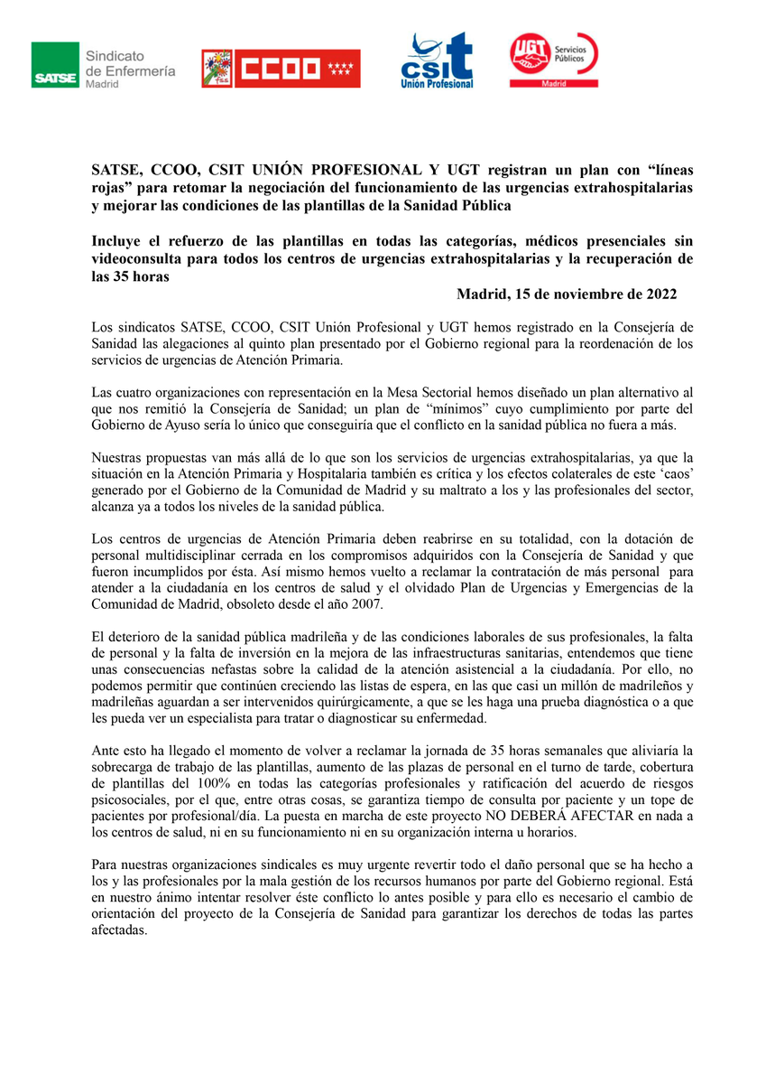 🟢Comunicado de SATSE, CCOO, CSIT y UGT sobre Urgencias Extrahospitalarias, extensible a Atención Primaria y Hospitalaria
Es muy urgente revertir el daño personal que se ha hecho a los y las profesionales por la mala gestión de los RRHH por parte del Gobierno de Ayuso
Basta YA‼