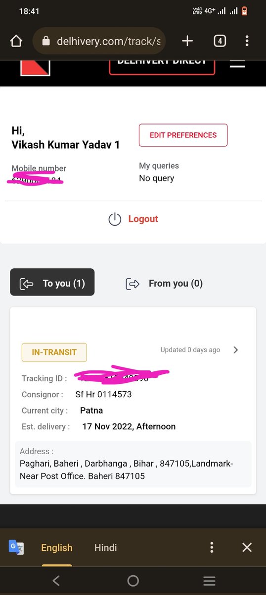 imyadavvikash's tweet photo. @delhivery  i can't wait for this on  17 Nov.
Because 3 hours before the estimated delivery date showing 16 Nov Evening that's why I took a ticket for 16 evening .but i have checked now &amp; suddenly it has been changed the delivery date so please any how deliver tomorrow. https://t.co/4mqUSVVoOI