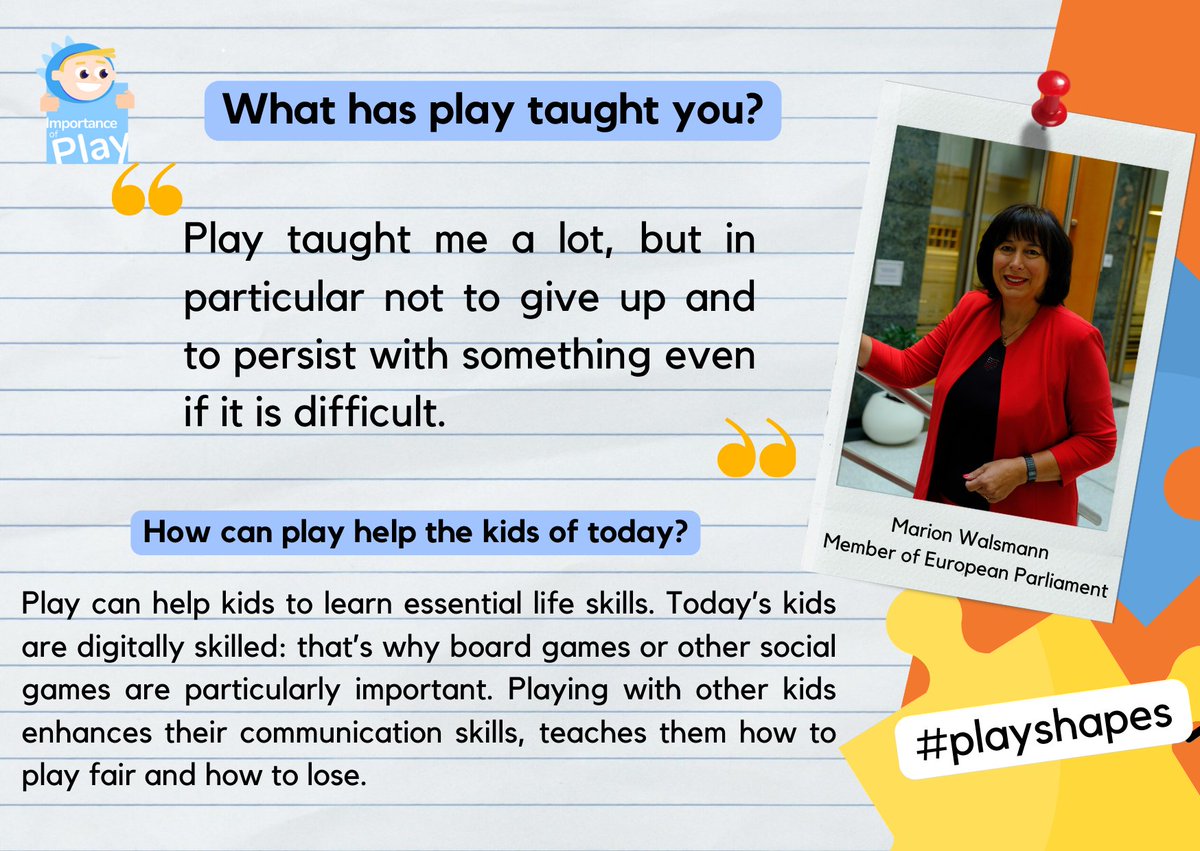 TIEtoyEU's tweet photo. Persistence is one thing MEP @MarionWalsmann has learned from childhood play.  

A powerful skill when working on vital issues at the European Parliament.  

#PlayShapes #importanceofplay #WorldChildrensDay https://t.co/iyWJaaul5J