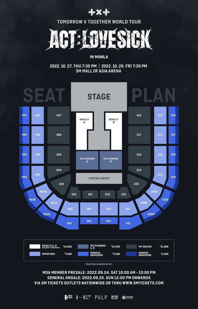 Confirmed by Inang!!!! 🫣

MANIFESTO in MANILA seat plan and ticket price will be the same as ACT: LOVESICK. 

Royalty A&amp;B : P15,000
VIP Standing A&amp;B: P12,00
VIP Seated: P11,000
Upper Box: P7,500
General Admission: P4,500
Generic Admission: P2,500

#EN_WORLDTOUR_MANIFESTO