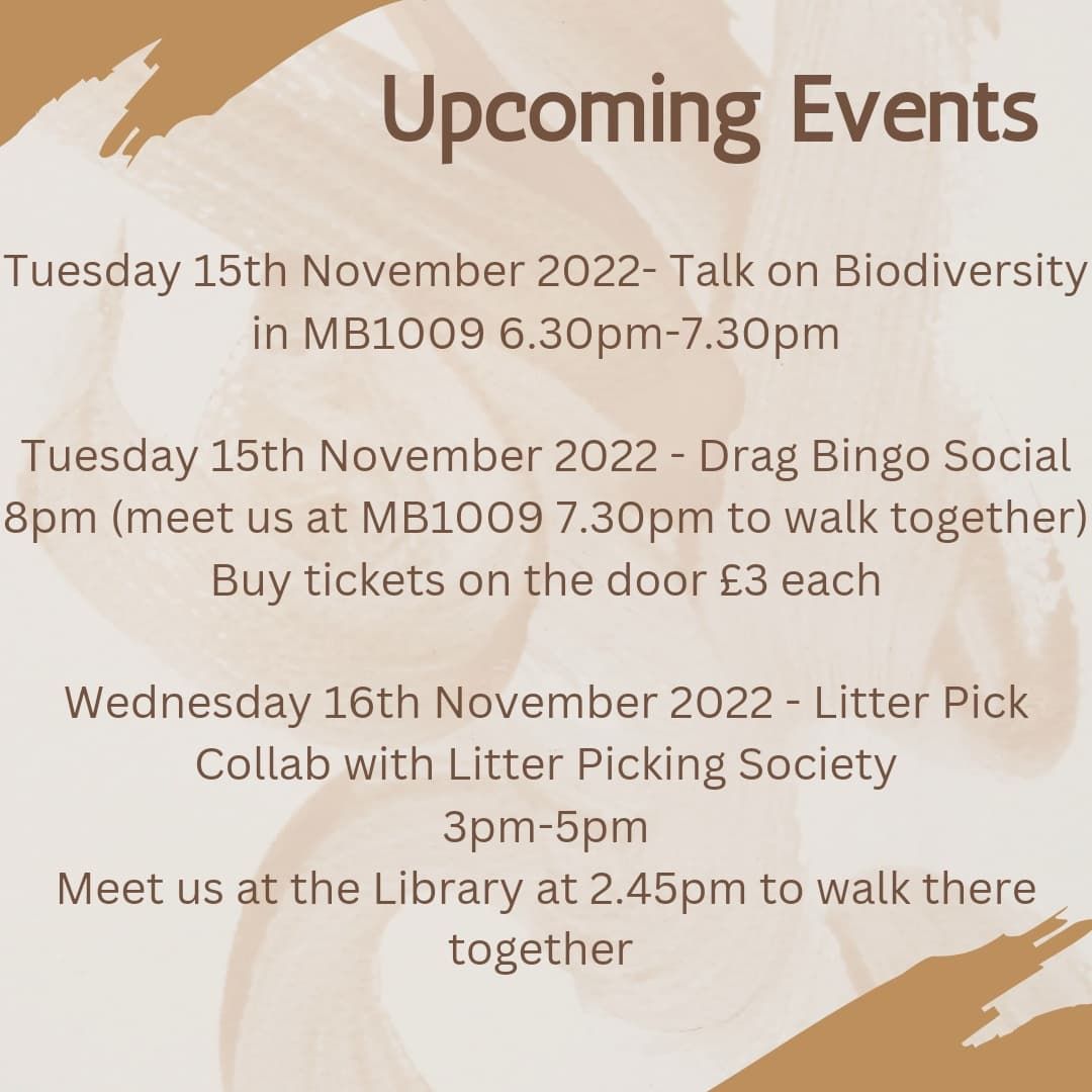 Upcoming events for this week, starting with our biodiversity talk and drag bingo tonight!