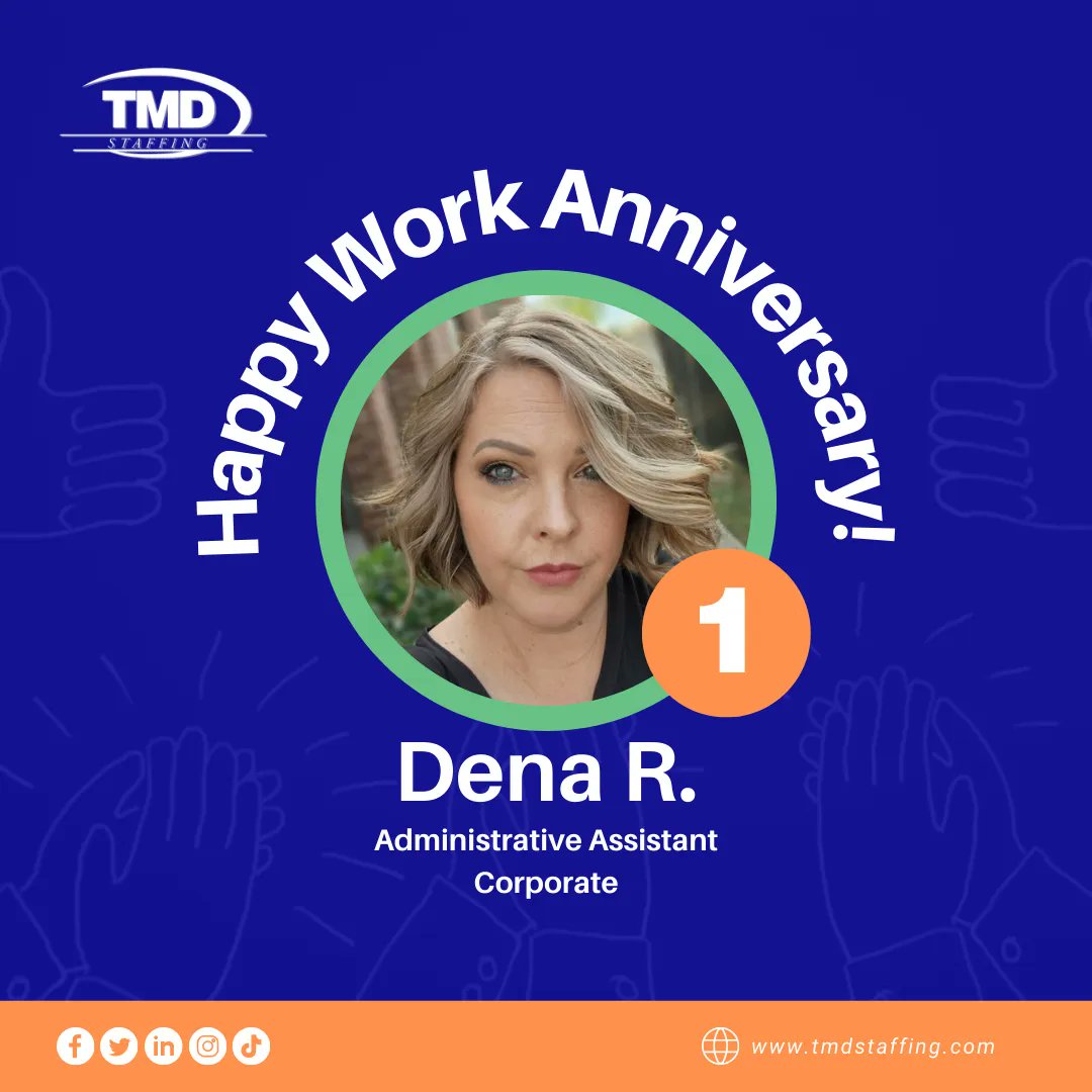 TMDStaff's tweet photo. Happy 1st Work Anniversary, Dena R.! π
Thank you for the hard work and dedication you've shown to TMD. Please join us in celebrating her milestone!
#Dedication #TeamTMD #ThankYou #TMDStaffing #WorkAnniversary https://t.co/1AEQfctg52