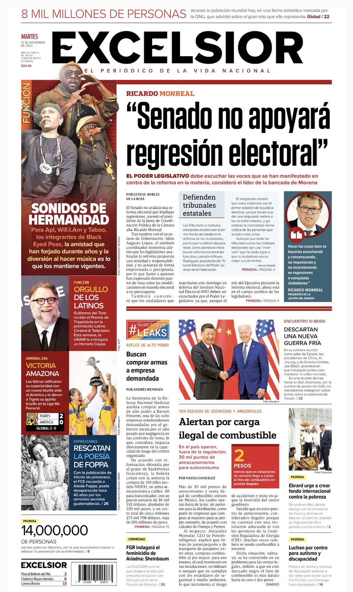LitzianPineda's tweet photo. #BuenosDias📰☕️

#PrimerasPlanas nacionales este martes #15deNoviembre de 2022

🔘Y tras la marcha…rechaza PRI reforma

🔘La oposición reta a AMLO  a votar ya la reforma electoral

🔘Banxico no sigue a Fed por regla mecánica

🔘”Senado no apoyará regresión electoral” https://t.co/h66PSTJlU3