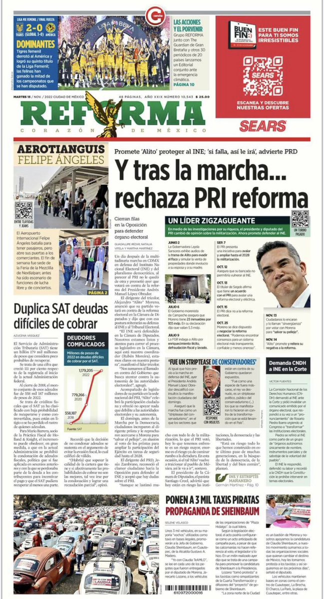 LitzianPineda's tweet photo. #BuenosDias📰☕️

#PrimerasPlanas nacionales este martes #15deNoviembre de 2022

🔘Y tras la marcha…rechaza PRI reforma

🔘La oposición reta a AMLO  a votar ya la reforma electoral

🔘Banxico no sigue a Fed por regla mecánica

🔘”Senado no apoyará regresión electoral” https://t.co/h66PSTJlU3