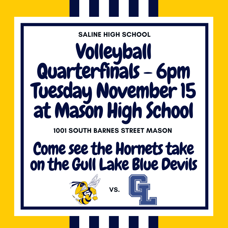 Saline Athletics (@salineathletics) on Twitter photo Huge match for <a href="/SALINEVB22/">SALINE VOLLEYBALL</a> tonight in the MHSAA Playoffs in Mason. Come out and support the team as they look to advance to the Semifinals in Battle Creek! For tickets = ow.ly/XOep50LEH79 <a href="/Nation_Hornets/">HORNET NATION STUDENT SECTION</a> Huge match for <a href="/SALINEVB22/">SALINE VOLLEYBALL</a> tonight in the MHSAA Playoffs in Mason. Come out and support the team as they look to advance to the Semifinals in Battle Creek! For tickets = ow.ly/XOep50LEH79 <a href="/Nation_Hornets/">HORNET NATION STUDENT SECTION</a>